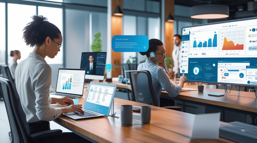 A realistic office environment showing diverse professionals working alongside AI tools. One is using an AI-powered writing assistant on a laptop, another is analyzing AI-driven data charts on a monitor with AI. The modern office features smart technology and a professional atmosphere